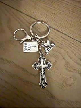 Cross and 'Jesus' Charm Keychain with Holy Bible Tag Silver Tone